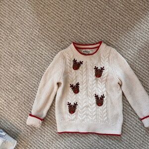 Mini Boden Cream Cable-Knit Reindeer Sweater with Red Trim